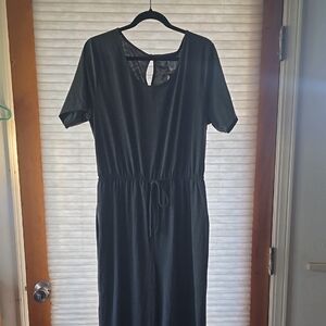 Espresso Dark Grey Short Sleeve Drawstring Maxi Jumpsuit